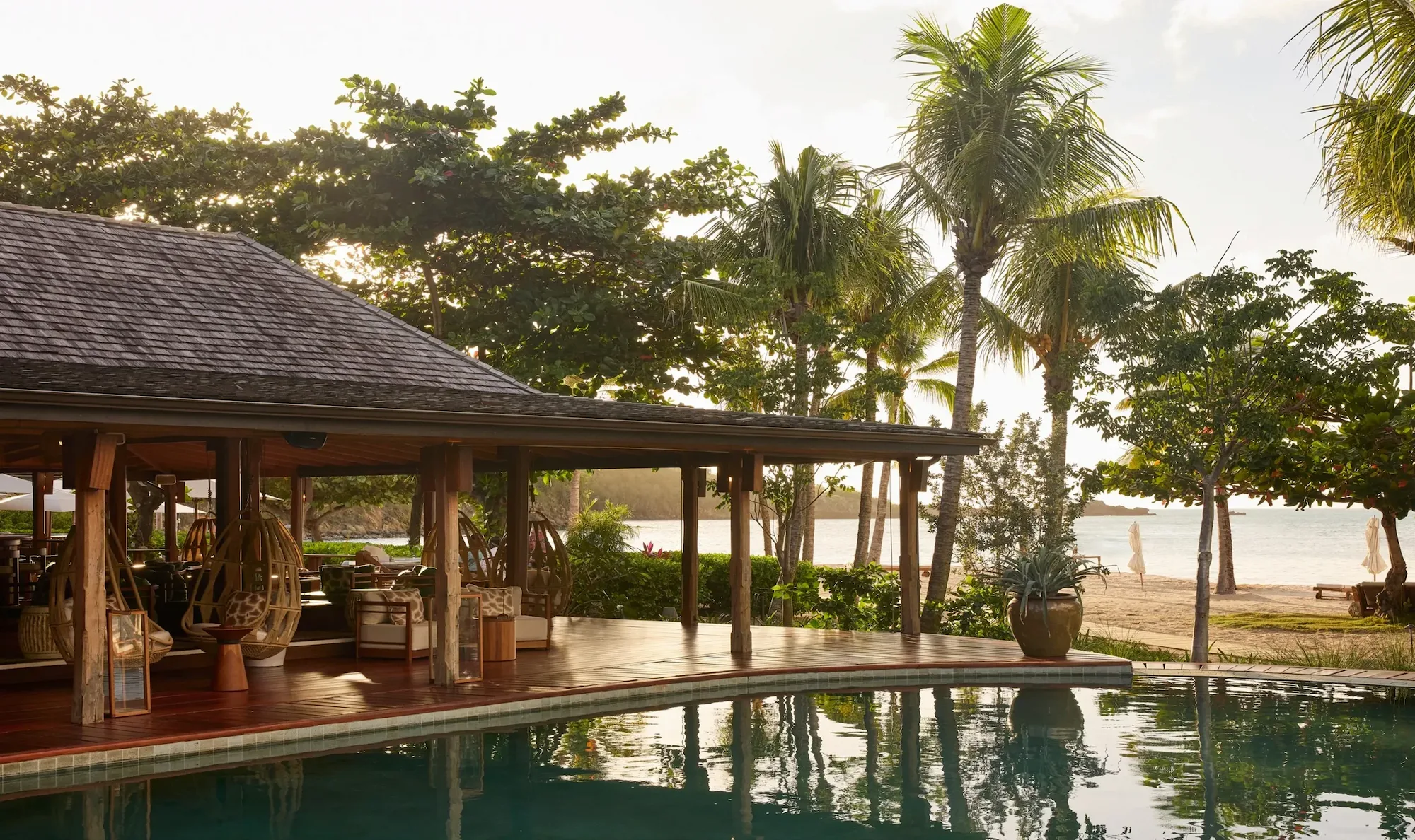 The outdoor pool of Hermitage Bay, a luxury boutique hotel in Antigua, Caribbean