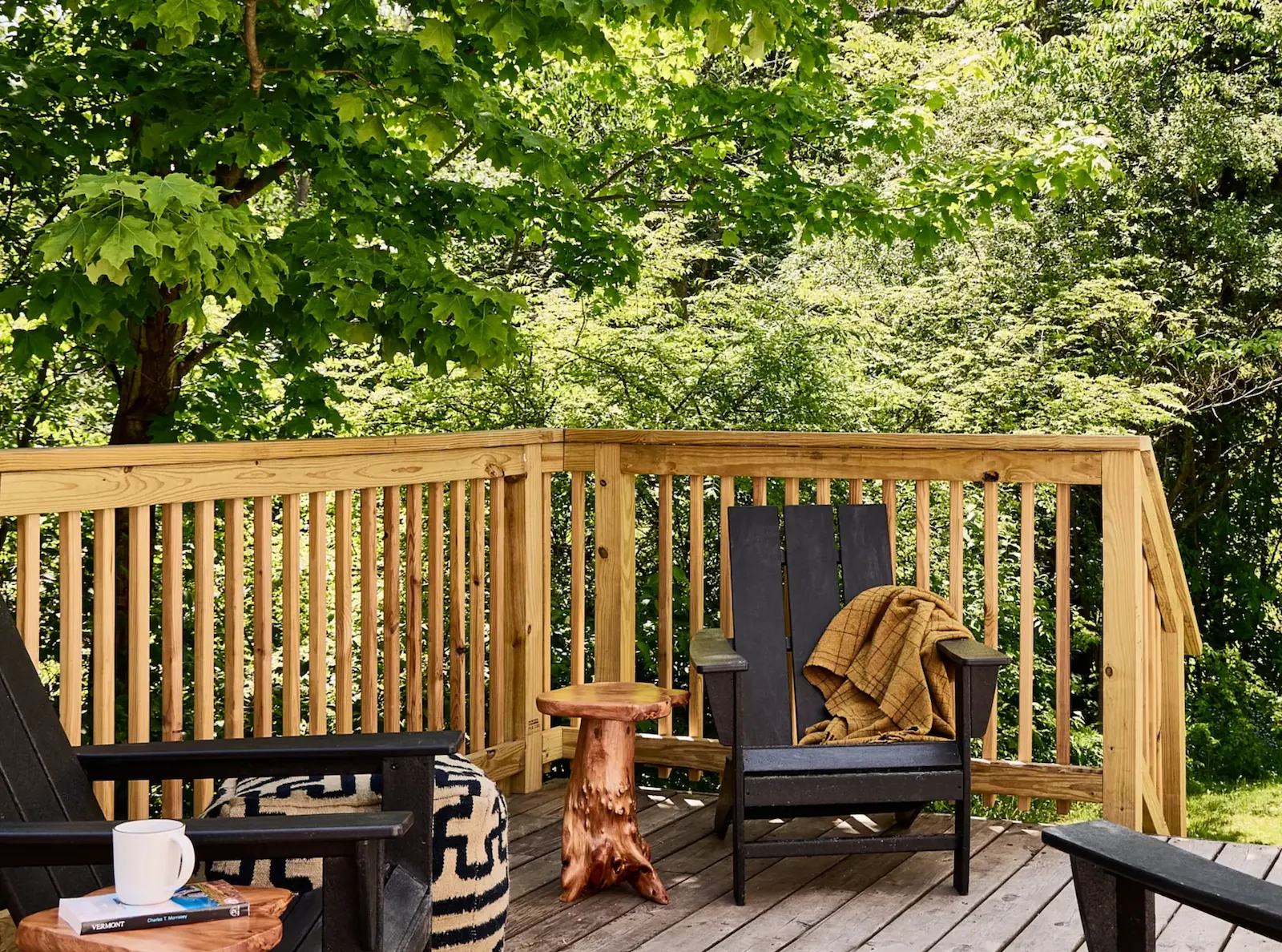 The terrace of Bluebird Cady Hill Lodge, a cool boutique hotel in Stowe, Vermont