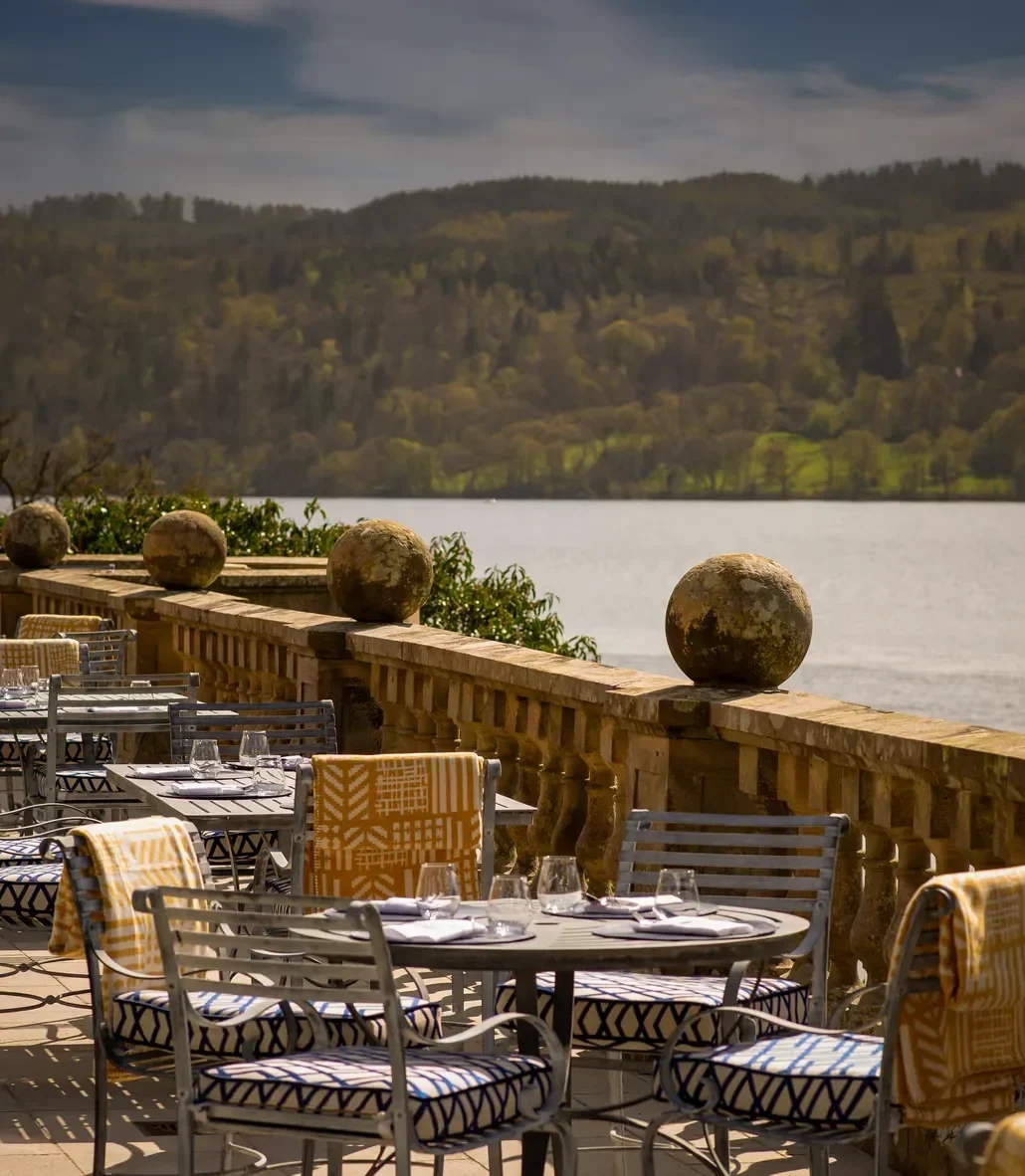 The outdoor dining space of Langdale Chase Hotel, a luxury boutique hotel in the Lake District