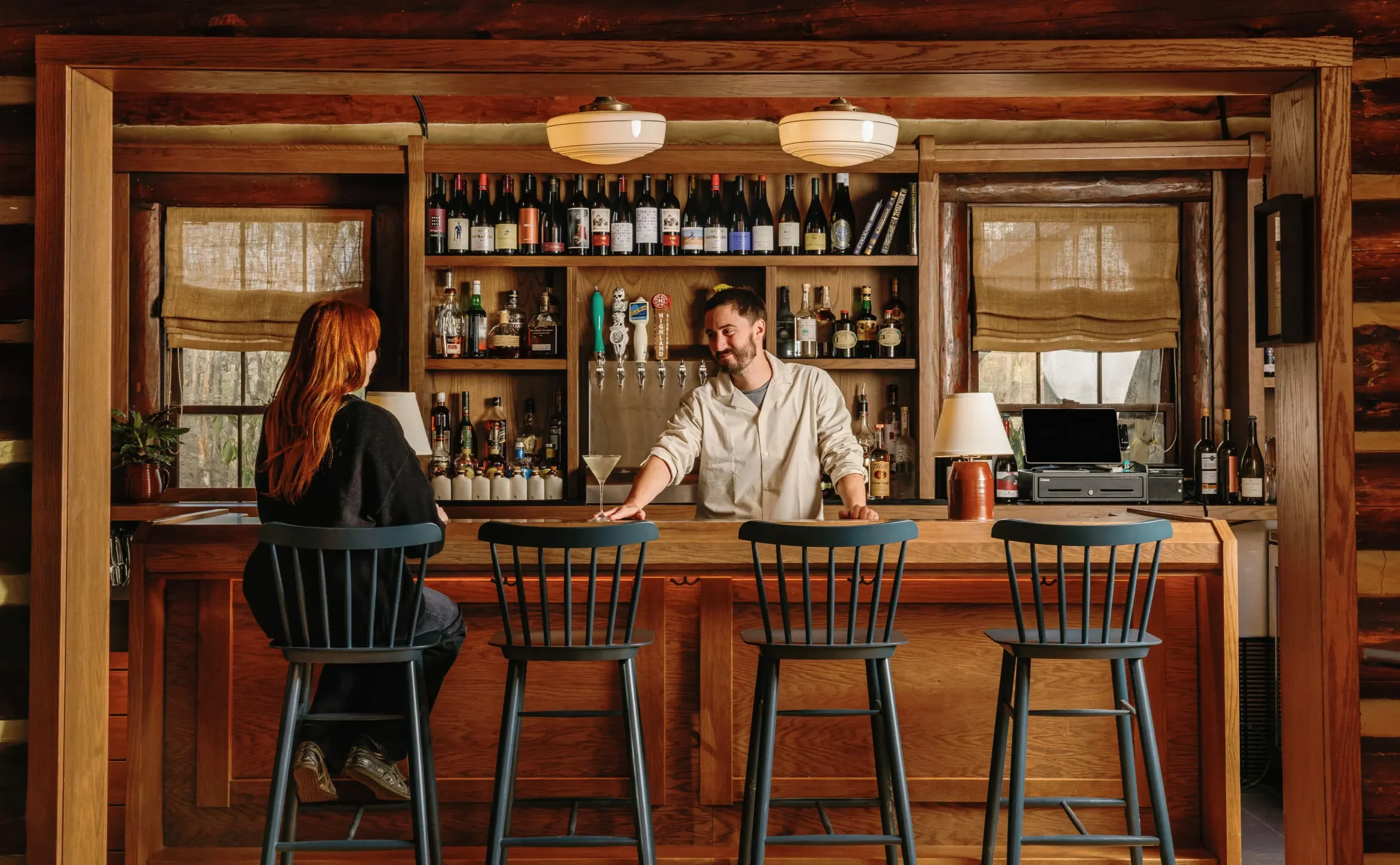 The bar of Trailborn Highlands, a cool new boutique hotel in the Highlands, NC