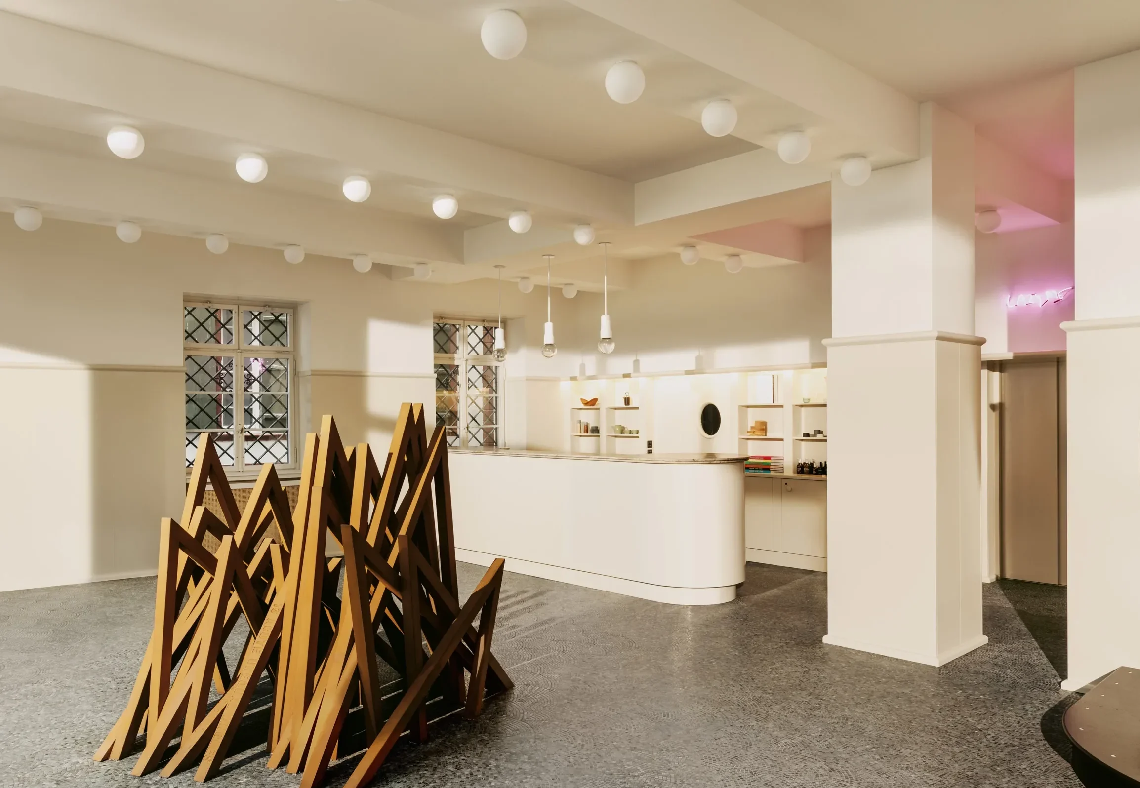 The lobby of Hotel Volkshaus Basel, a design boutique hotel in Basel, Switzerland