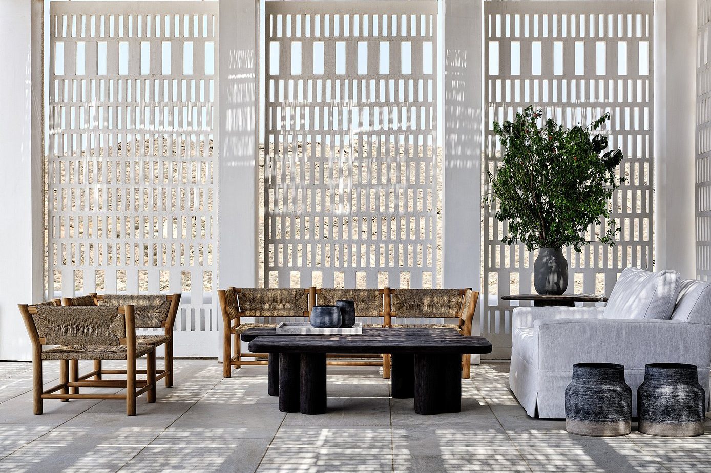 The terrace of Odera Tinos, a luxury 5-star boutique hotel in Tinos, Greece.