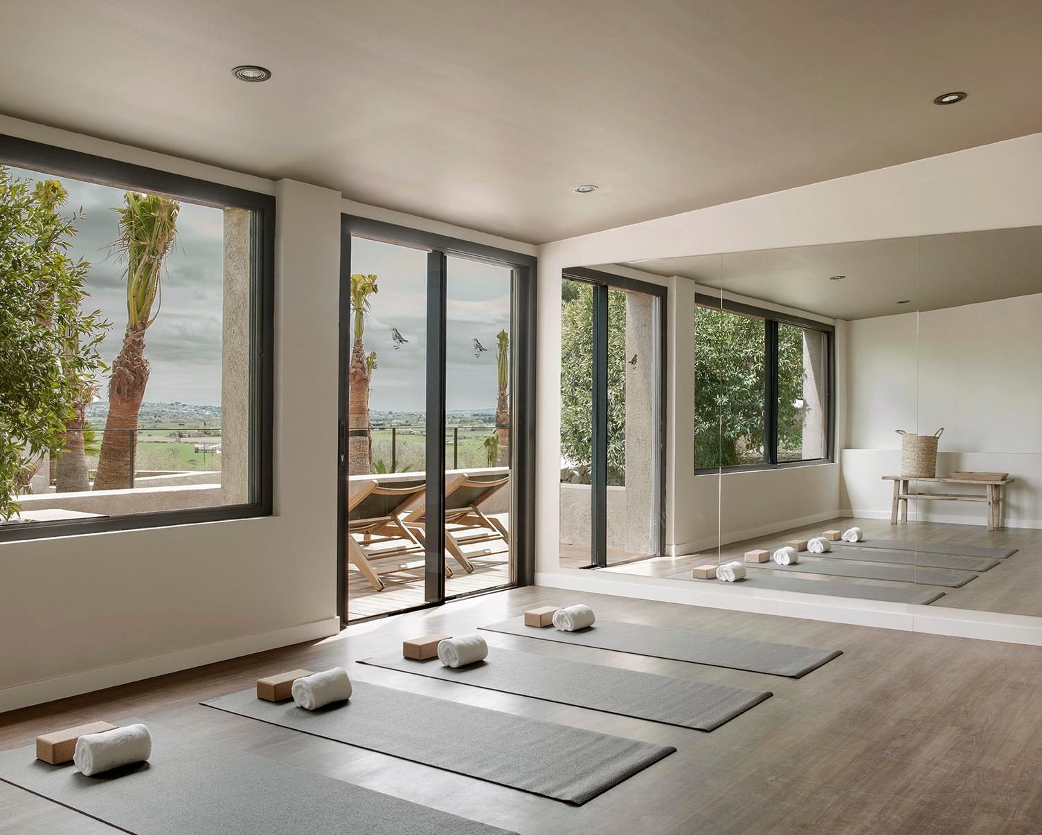 The yoga room of Finca Serena, a luxury boutique hotel in Mallorca, Spain